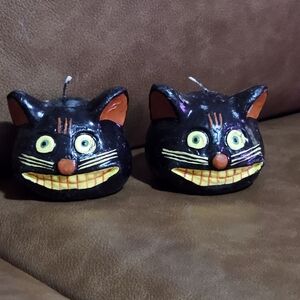 Retro‎ Halloween Cat 3D Molded Grinning Black Mischievous Candles Set Oct 31 Vtg